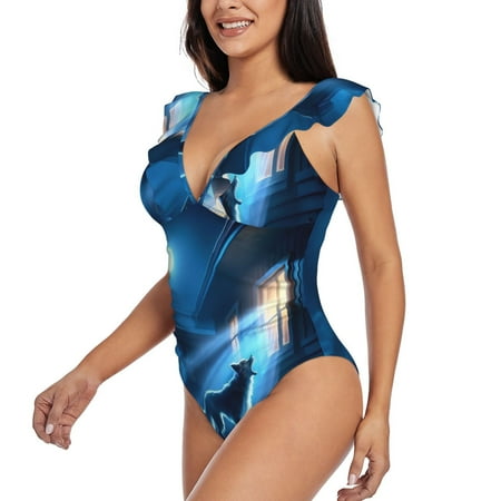 KLL A Wolf Barks Out A Window for Women s Ruffled One Piece Swimsuit Tummy Control Bathing Suit V Neck Swimwear