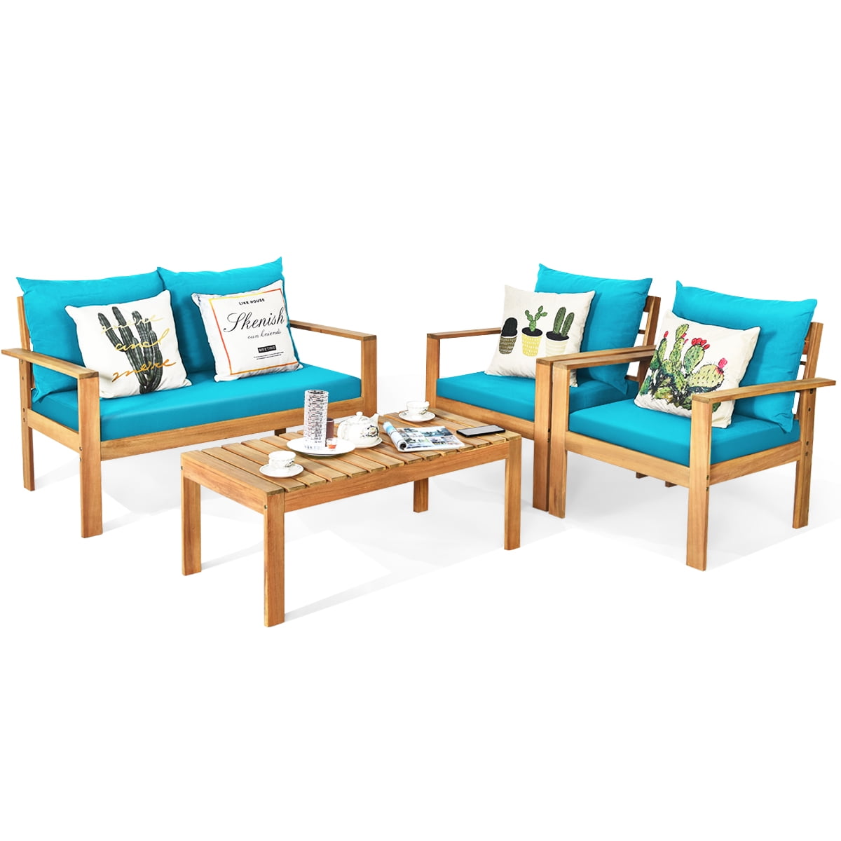 Gymax 4PCS Patio Acacia Wood Conversation Furniture Set w/ Turquoise Cushions