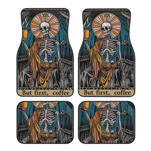 Fotbe Coffee-Drinking Skull Juego de 4 Tapetes para Auto con Estampado – Alfombrillas de Goma Reforzada, Diseño Antideslizante, Protección para Todo el Año – Vehículos, Autos, Camionetas y SUVs