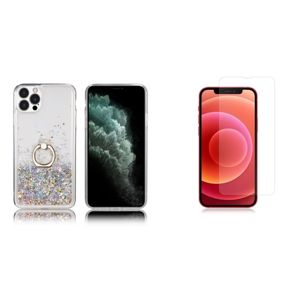 Waterfall Liquid Glitter Stand Case and Glass Screen Protector for iPhone 14 Pro Max - Silver