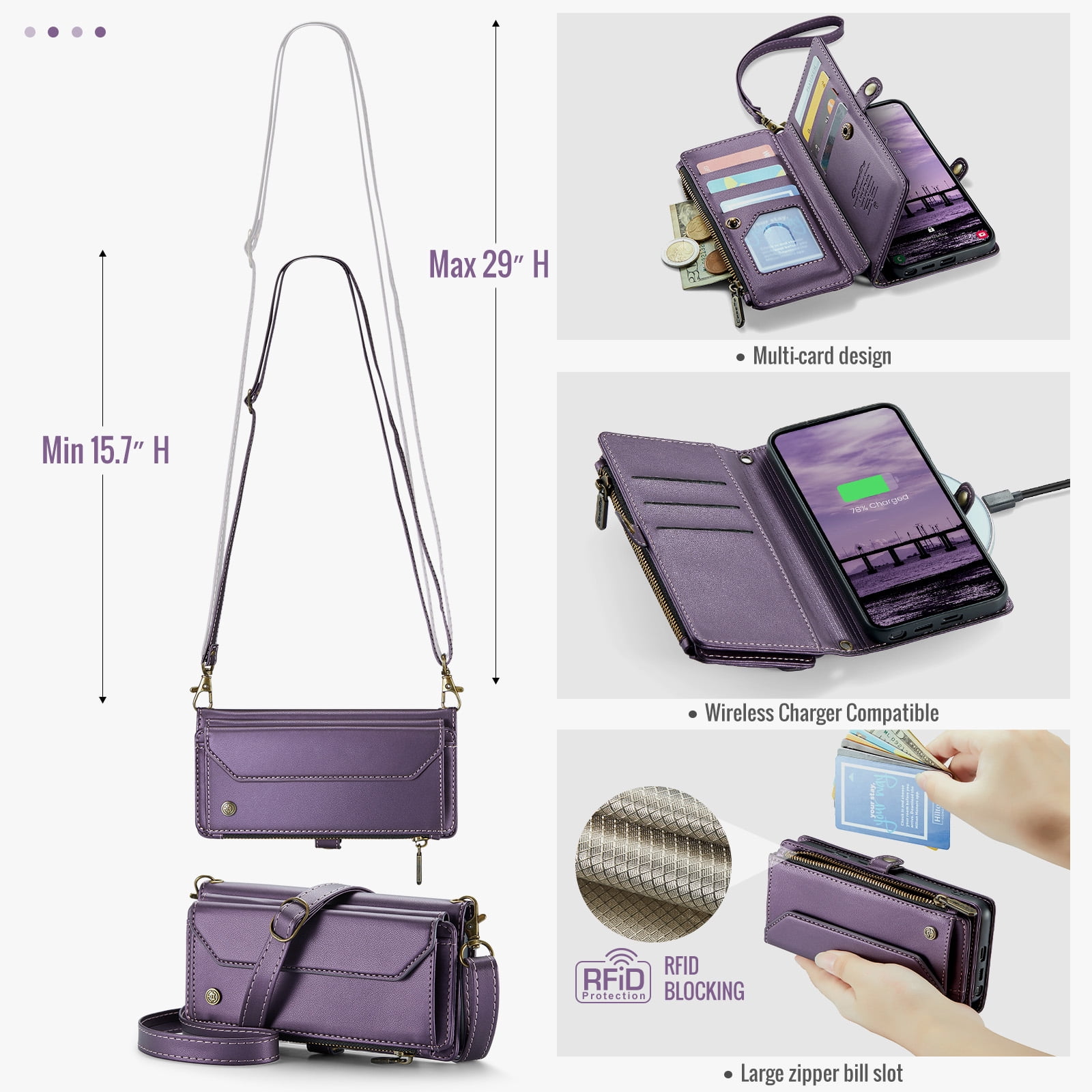 Decase Wallet Case for Samsung Galaxy S26,Flip RFID Blocking Shockproof TPU Cover with 10 Card Slots,Cash Slot,Zipper Coin Pocket,Crossbody PU Leather Phone Cover,Purple