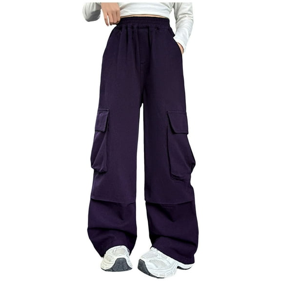Staki Pants For Teen Girls Girls Cargo Pants Baggy Joggers Lightweight Elastic Waist Drawstring with Pockets Casual Travel Hiking Streetwear(Purple,7-8 Years)