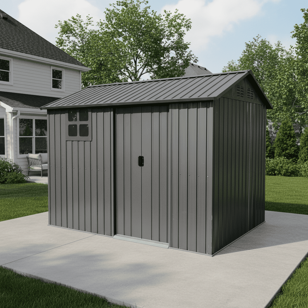 Mintazer 8×6ft Metal Outdoor Storage Shed with Lockable Sliding Doors & Window, Weatherproof Garden Tool Shed, Gray