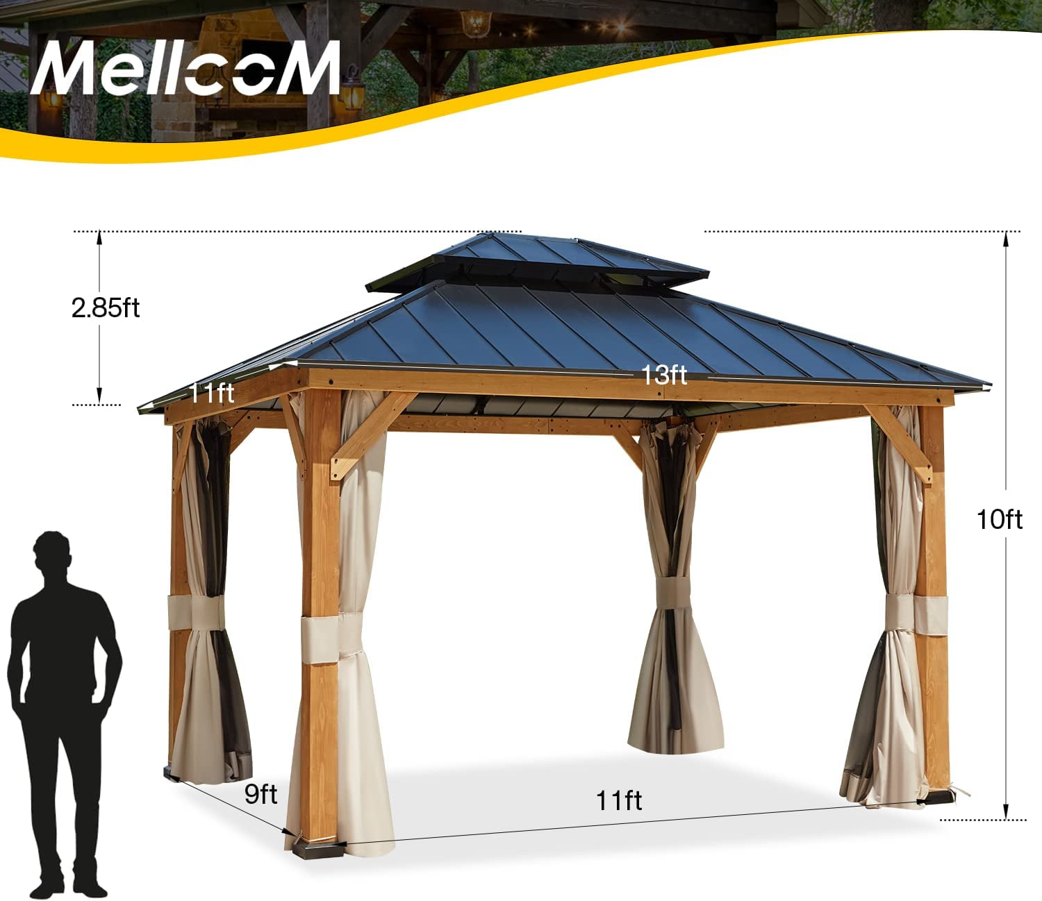 Mellcom 13'x11' Hardtop Cedar Wood Gazebo, Outdoor with Curtains