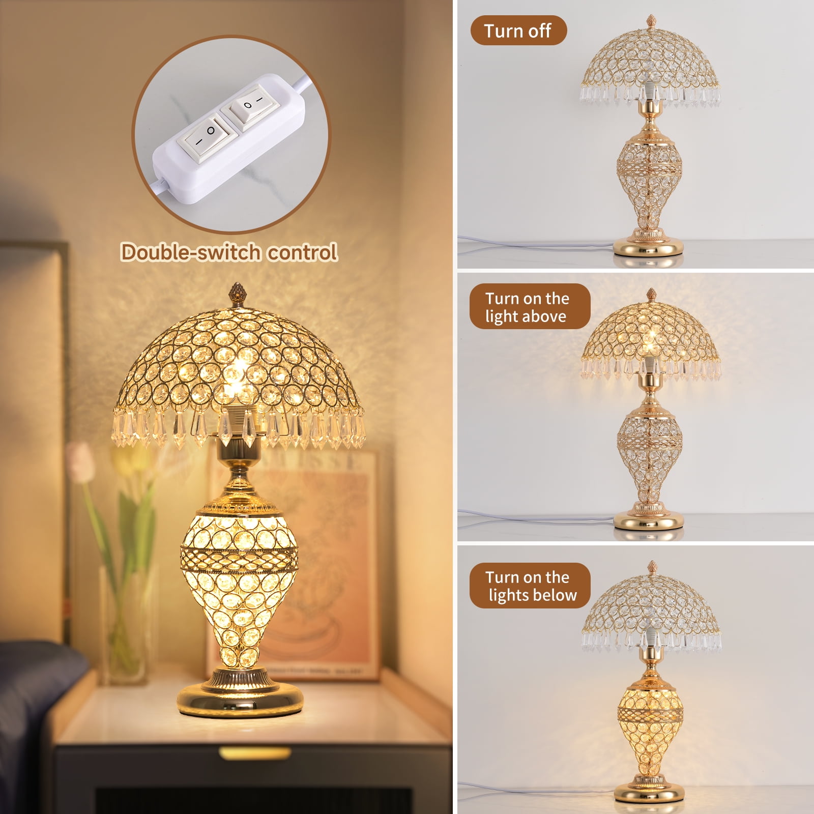 Crystal  Table Lamp Bedside Decorative gift LED modern metal base adjustable light for night Bedroom