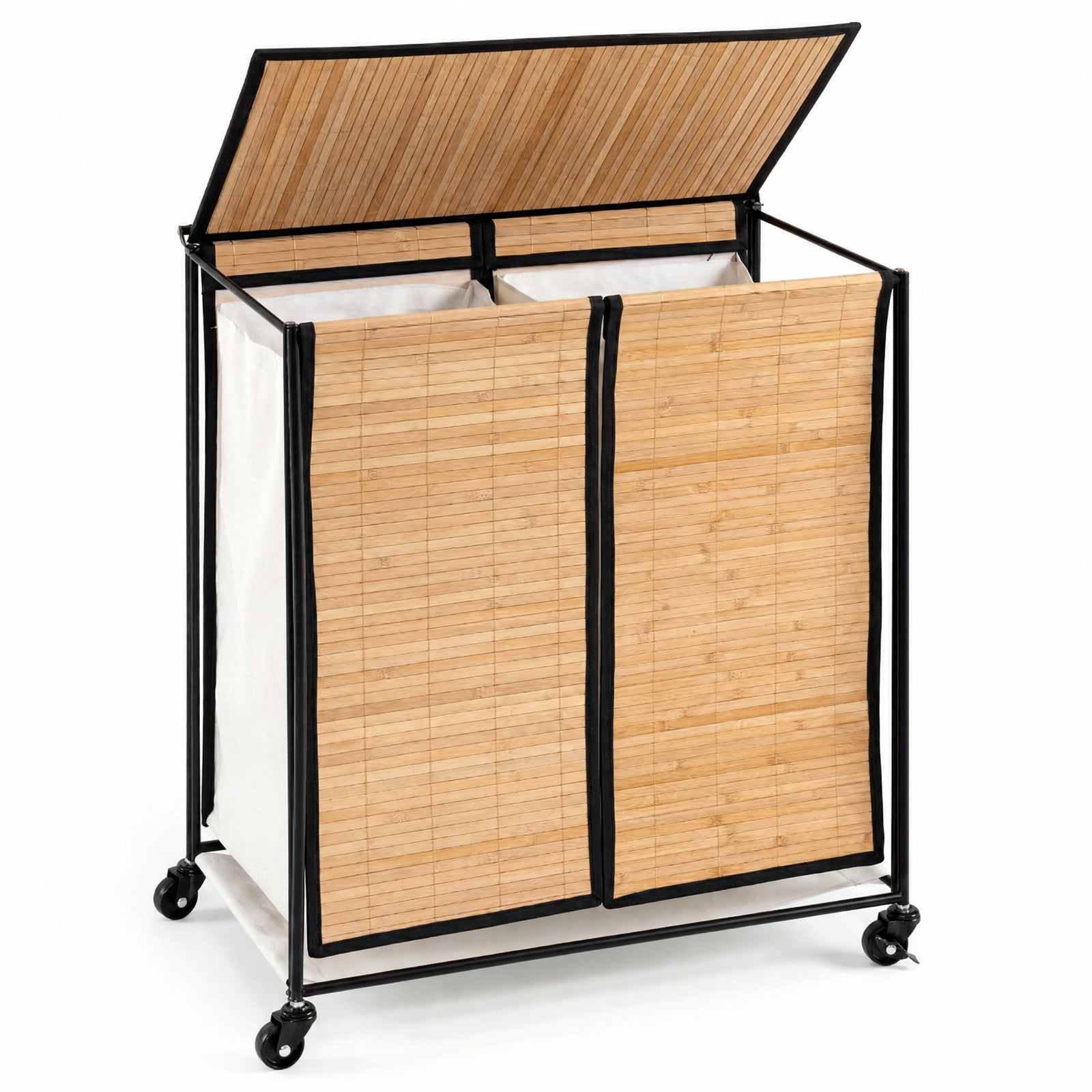 Vebreda 18.5-Gallon 2-Section Laundry Hamper with Lid & 2 Lockable Wheels, Rolling Clothes Hamper & Laundry Sorter with Removable Liner Bags for Bathroom & Bedroom