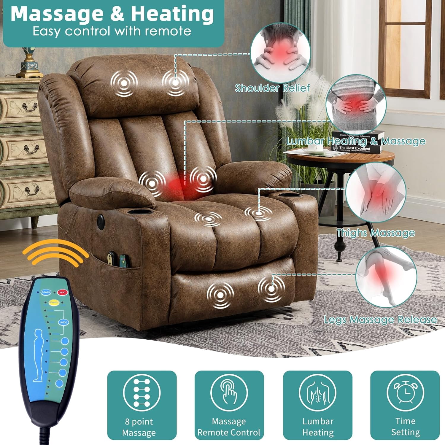 MEETWARM Large Power Lift Electric Recliner Chair with Extended Footrest for Big Tall Man, Overstuffed Wide Recliner with Massage and Heat, 2 Remote Controls/USB Ports/4 Side Pockets(Brown)