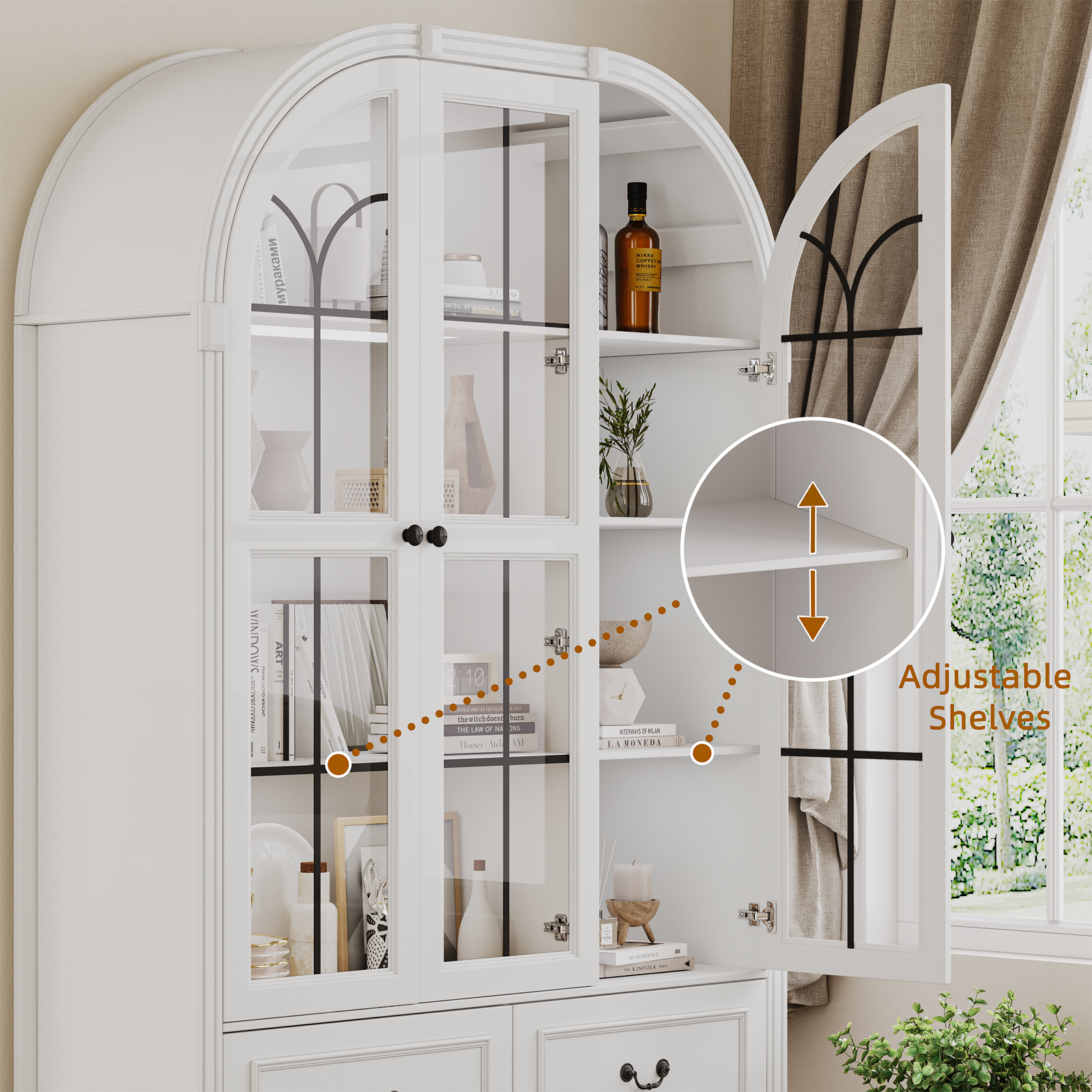 LERANO 70.8'' Tall Arched Kitchen Pantry Cabinet, Modern Display Cabinet with Glass Doors and Adjustable Shelves