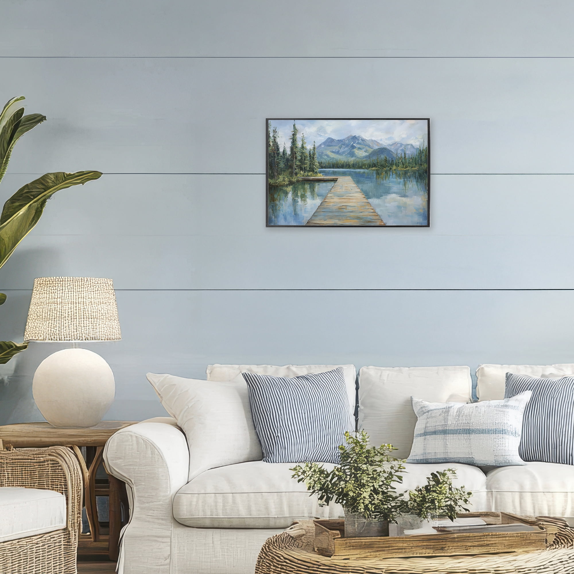 Stupell Industries Peaceful Lake Dock in the Mountains Black Framed Giclee Art, design by Petal Prints Design