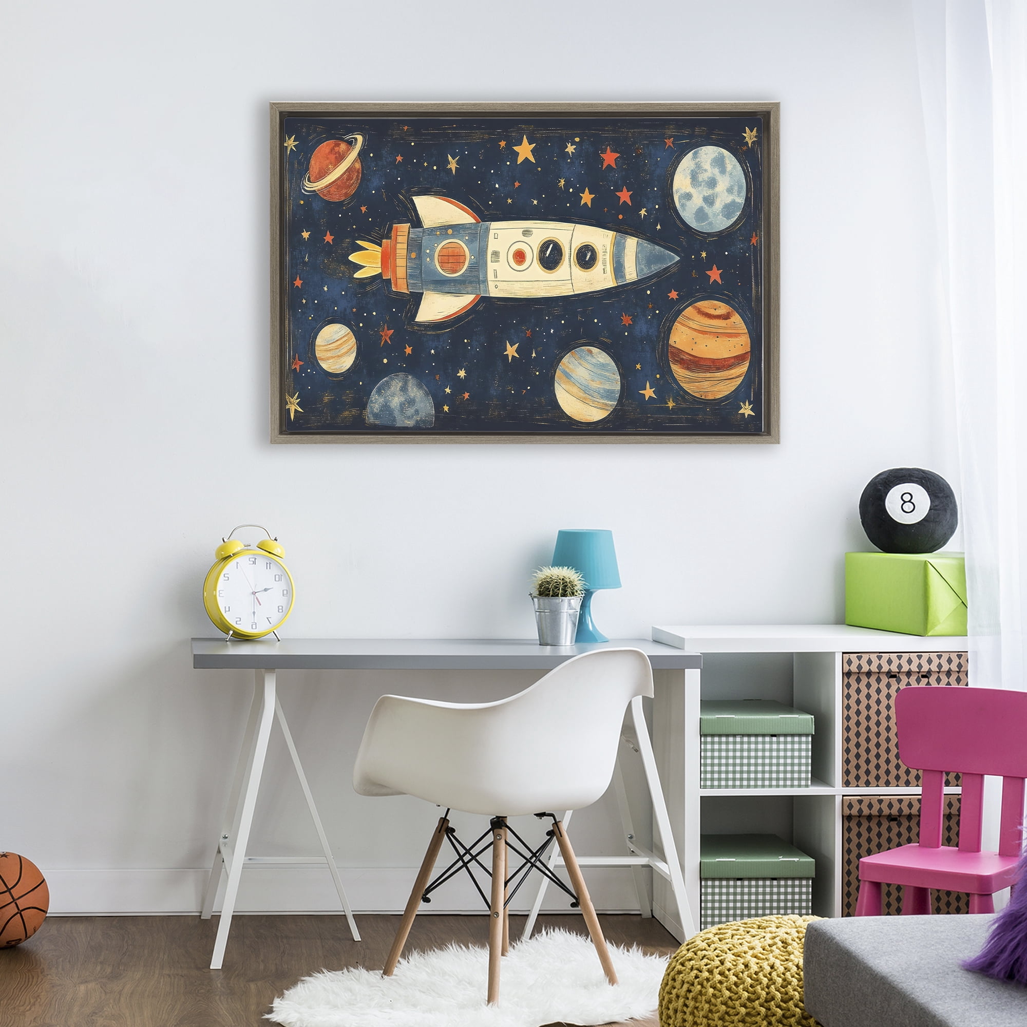 Stupell Industries Retro Rocket & Planets Brown Framed Floater Canvas Wall Art, design by Creative Studio