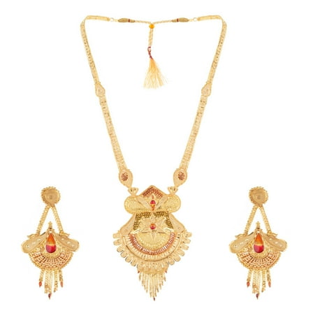 South Indian Bollywood Gold Plated Necklace Set with Matching Drop Earrings – Traditional Ethnic Jewelry for Weddings & Special Occasions