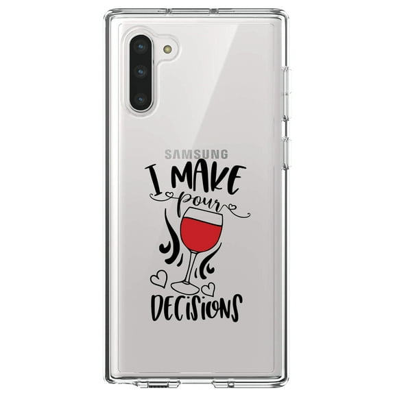 DistinctInk Clear Shockproof Hybrid Case for Samsung Galaxy Note 10 (6.3" Screen) - TPU Bumper Acrylic Back Tempered Glass Screen Protector - I Make POUR Decisions - Wine