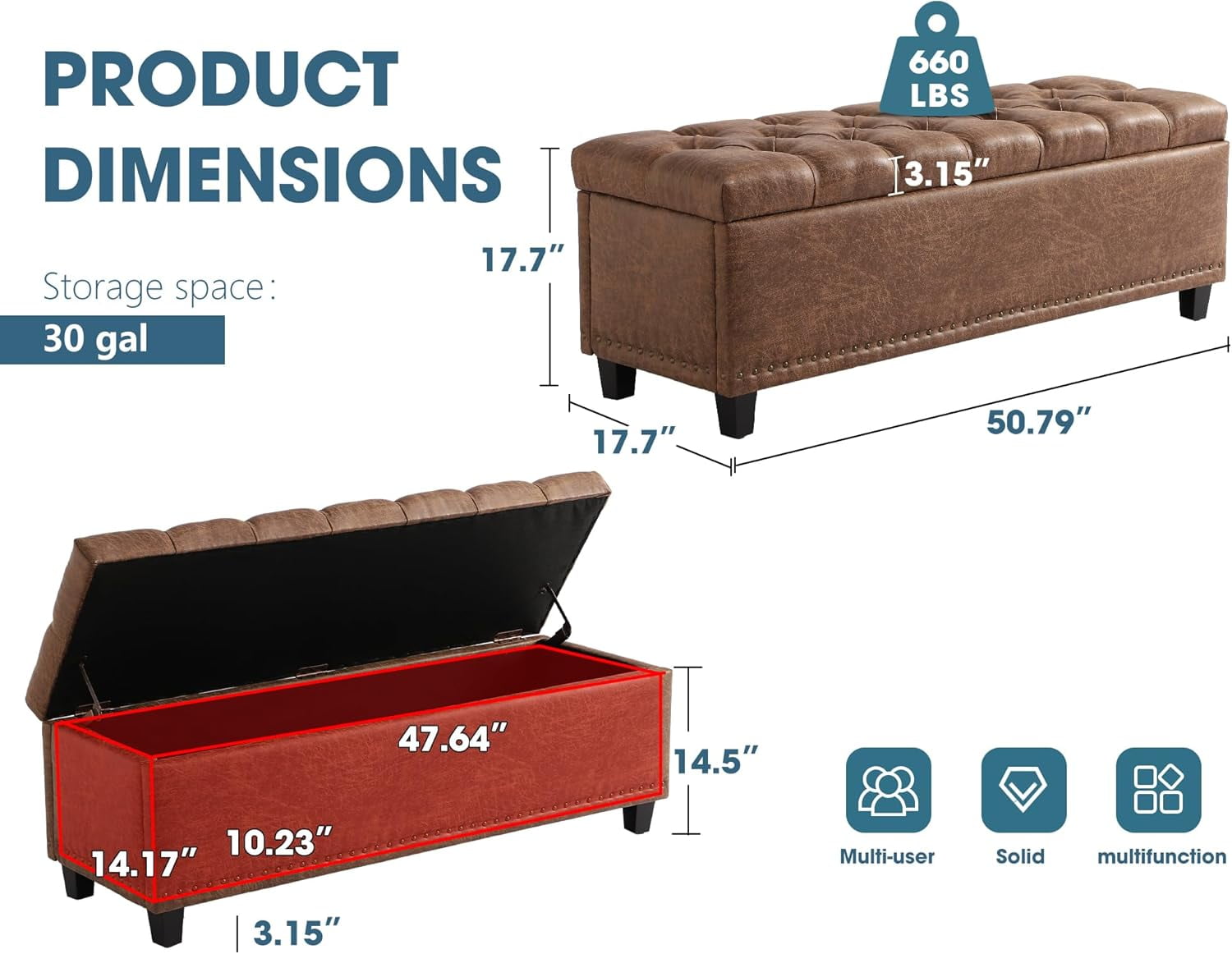 Haverchair 51" Ottoman Storage Benches, 30 Gallons End of Bed Storage Bench, Large Rectangular Storage Ottoman, Button-Tufted Ottoman with Storage for Living Room Bedroom, Foot of Bed (Brown)