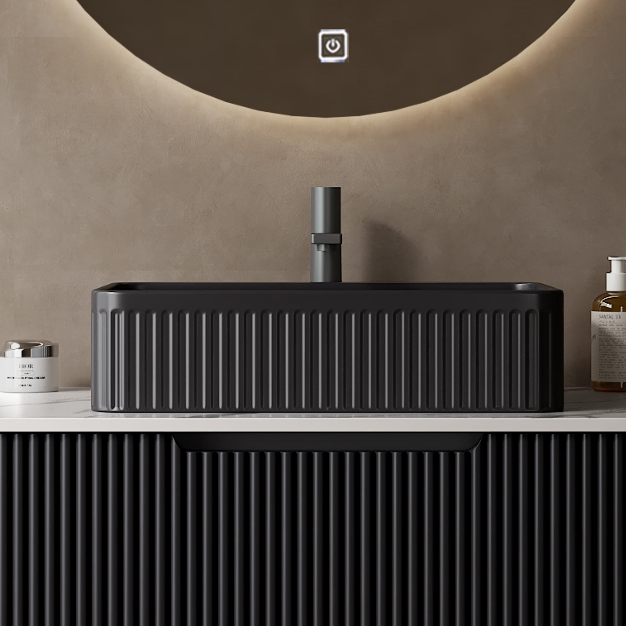 Wohh 20" Rectangular Bathroom Sink Black Ceramic Vessel Vanity Basin with French Stripe Design, 19.69"x13.39"x5.12" Countertop Porcelain Sink for Modern Home & Commercial Use