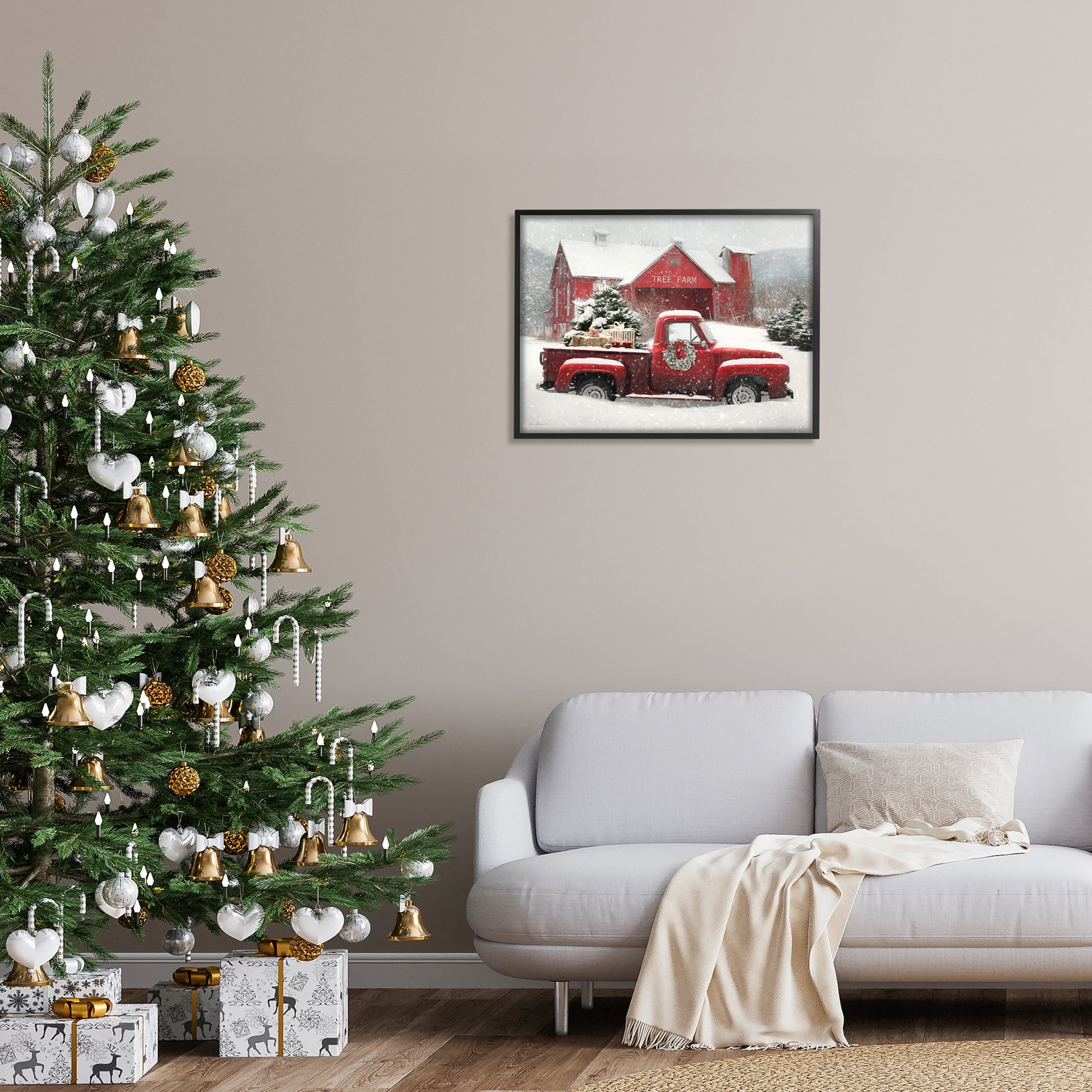 Tree Farm Red Truck Wintery Snow Flurries Transportation Painting Framed Art Print Wall Art
