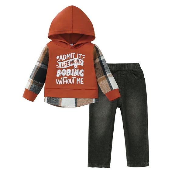 3T Baby Boys Clothes 4T Boys Fall Winter Pant Set Toddler Boys Long Sleeve Letter Print Hooded Top Jeans Pants 2PCS Outfits Set Brown
