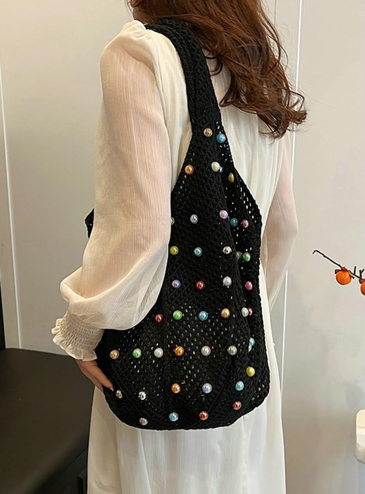 Zhengup Woven Tote Bag for Wineb Crochet Hobo Bags Beaded Shoulder Bag Trendy Knit Hollow Summer Beach Handbag Purse
