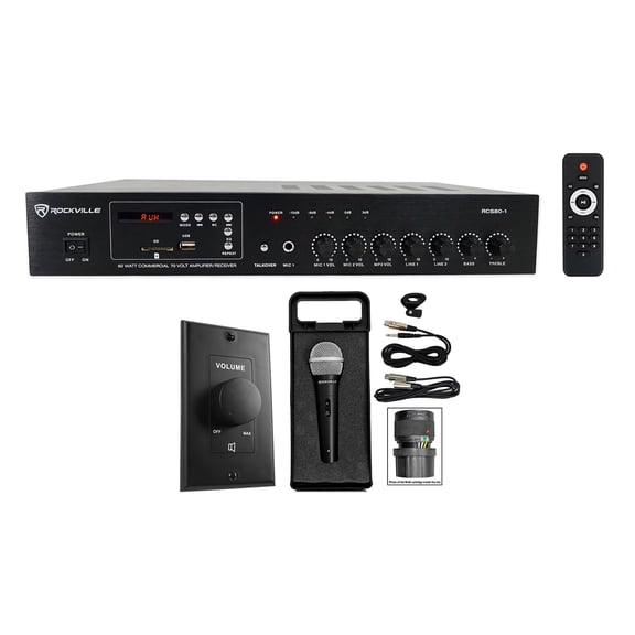 Rockville 60w 70v Commercial Amplifier w/Bluetooth Black Wall Volume Control Mic