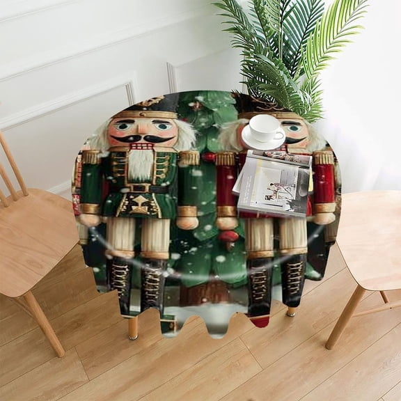 RKSupls 60 Inch Round Tablecloth, Nutcrackers Christmas Tree Premium Polyester Straight Edge Wrinkle Resistant Washable Table Cover for Party Home Dining Decor