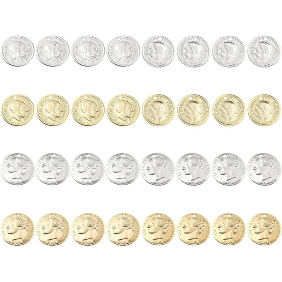 1 Box 32Pcs 2 Styles Coin Charms 24K Gold Plated Brass Flat Round Disc Pendants Edward VII Queen Victoria Head for Jewelry Making Charms Bracelets Necklaces Supplies Golden Silver