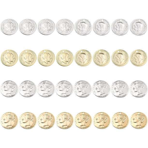 1 caja de 32 piezas de 2 estilos de dijes de monedas de latón chapado en oro de 24 quilates, colgantes de disco redondo plano con cabeza de Eduardo VII y la Reina Victoria