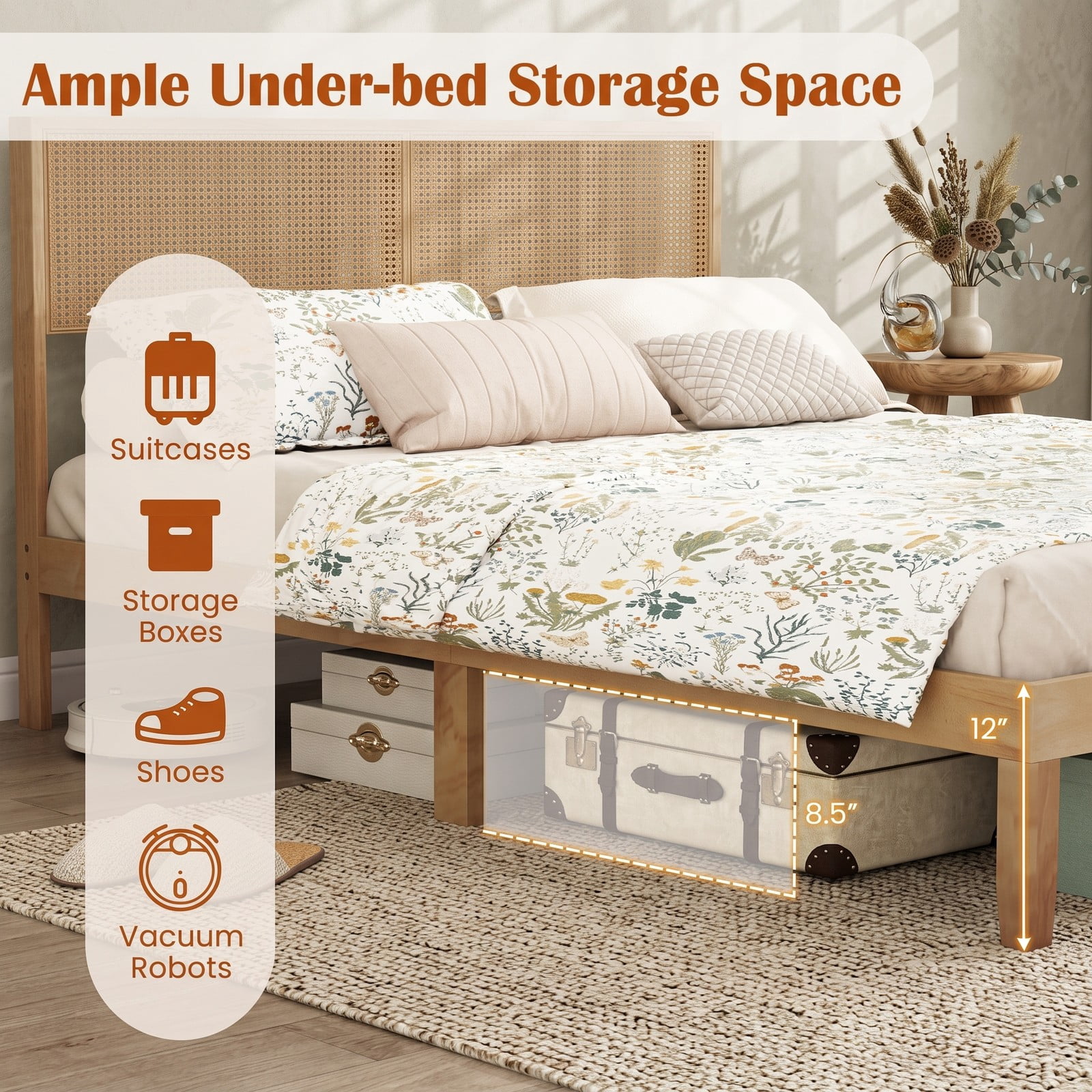 Furnibear Queen Bed Frame with Headboard, Wood Platform Bed Frame with Boho Rattan Headboard and Slat Support, No Box Spring, Natural