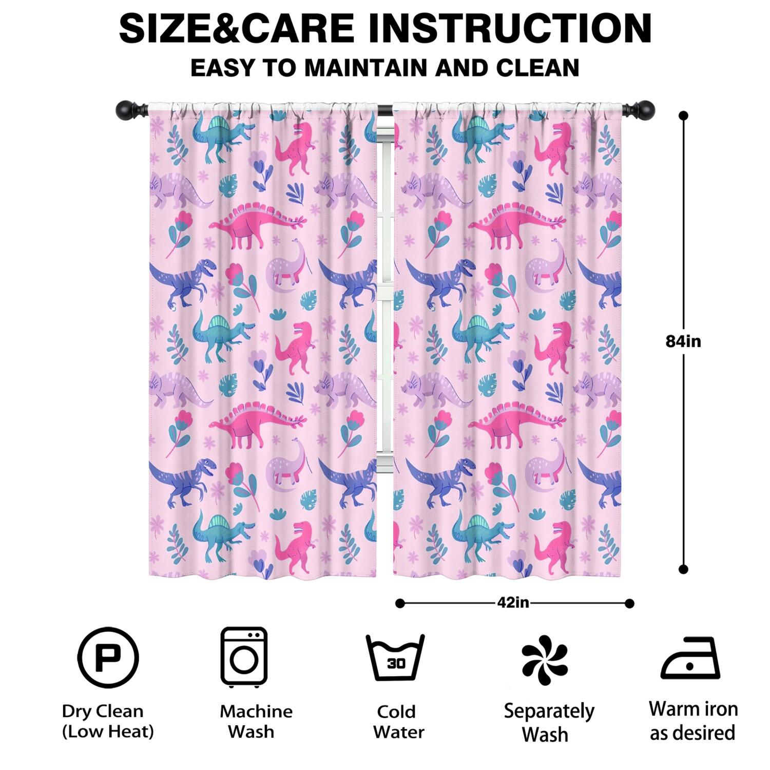 Blackout Kids Curtains,Pink Dinosaurs Flowers Leaves Pattern Childrens Insulated Curtains Set Of 2,Bedroom Essentials,Toddler Room Decor 42"x84"
