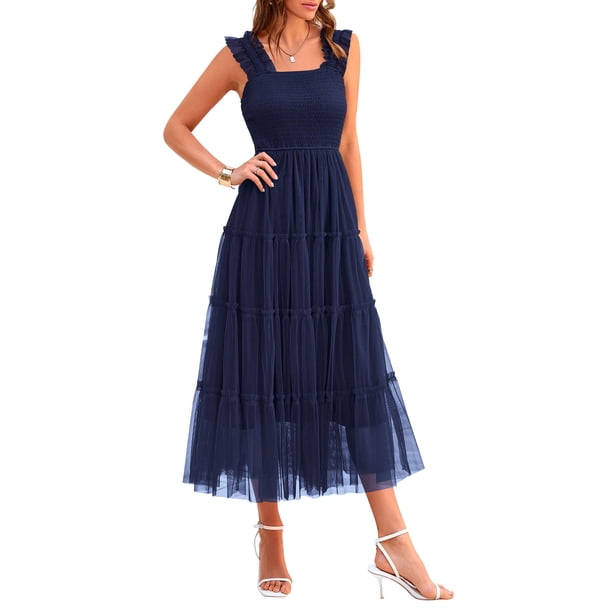 Vestido PRETTYGARDEN de tul para mujer, sin mangas, fruncido, azul marino, talla S