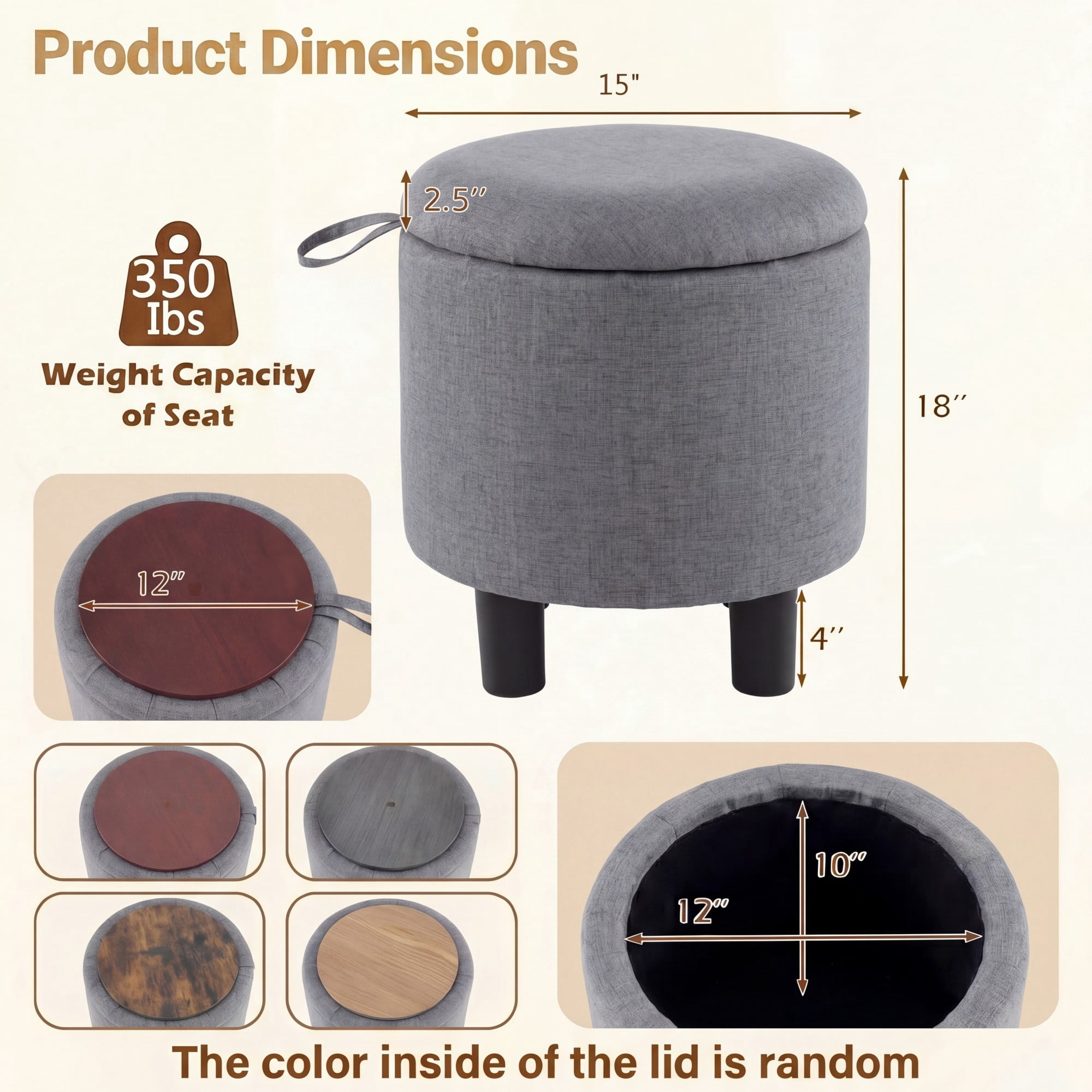 ELLEGNT Round Ottoman with Storage - Removable Lid, Linen Fabric Footrest Stool for Living Room, Bedroom Gray