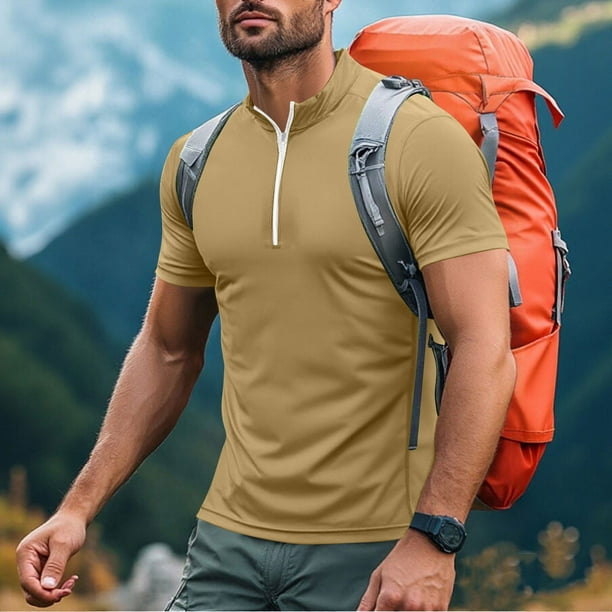 pstuiky Camisas casuales de manga corta para hombre, Camiseta deportiva de verano para hombre, de color liso, ajustada, con cremallera, de manga corta y cuello alto camisas casuales para hombre m