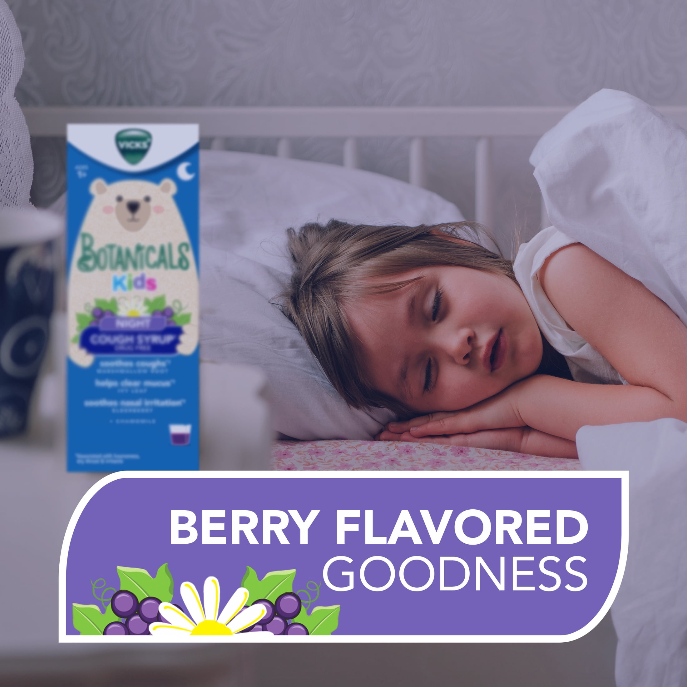 Vicks Botanicals Kids Drug-Free Nighttime Cough Syrup, Berry Flavor, 4 fl oz, Ages 1+