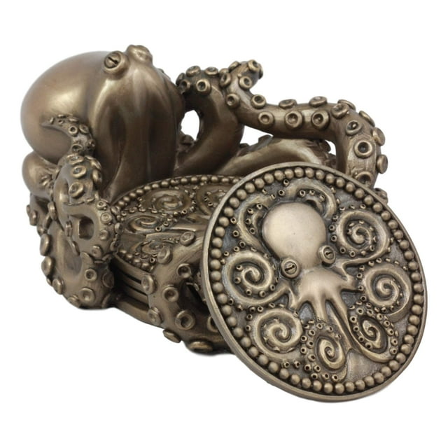 Ebros - Posavasos de resina con acabado en bronce, diseño náutico gigante de pulpo Kraken con 4 posavasos redondos, juego de decoración de mesa, estatua de fantasía mítica