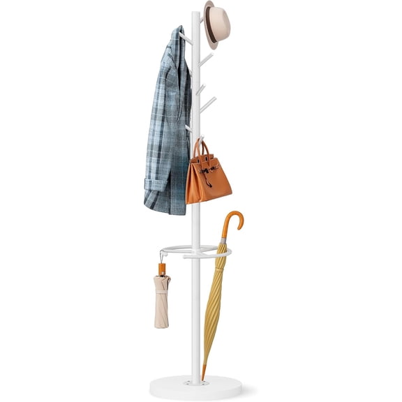 Coat Rack Freestanding with Umbrella Holder, Coat Hanger Stand with Wood Base Fits Entryway, Living Room, Bedroom, Office, Clothes Tree Holder with 8 Hooks for Jackets, Hats, Bags, White