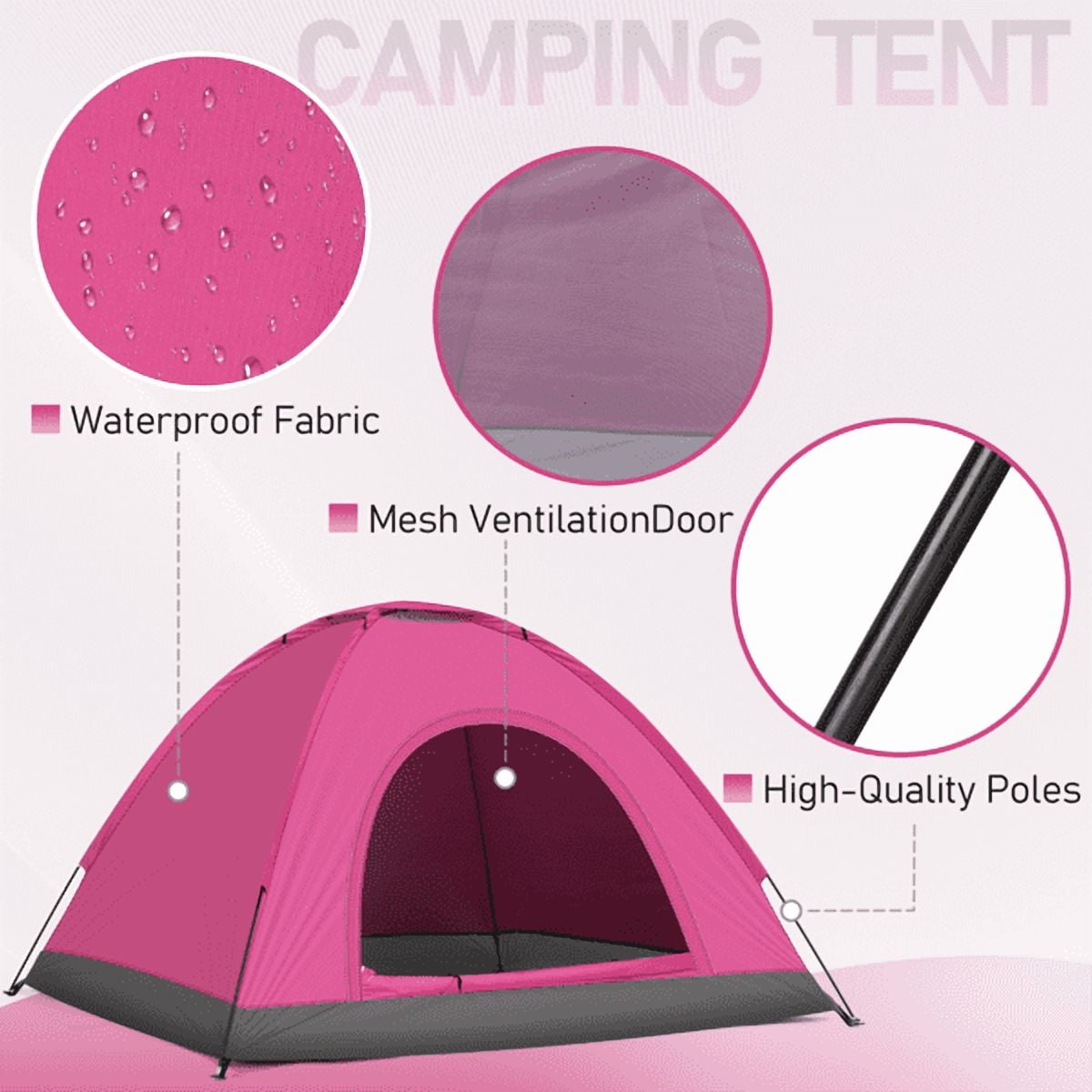 Cotinse 3-4 Person Tent for Camping, Instant Pop Up Camping Tent with Screen Porch, Family Tent for Outdoor/Hiking/Traveling, with Tote Bag, Camp Dome,Pink