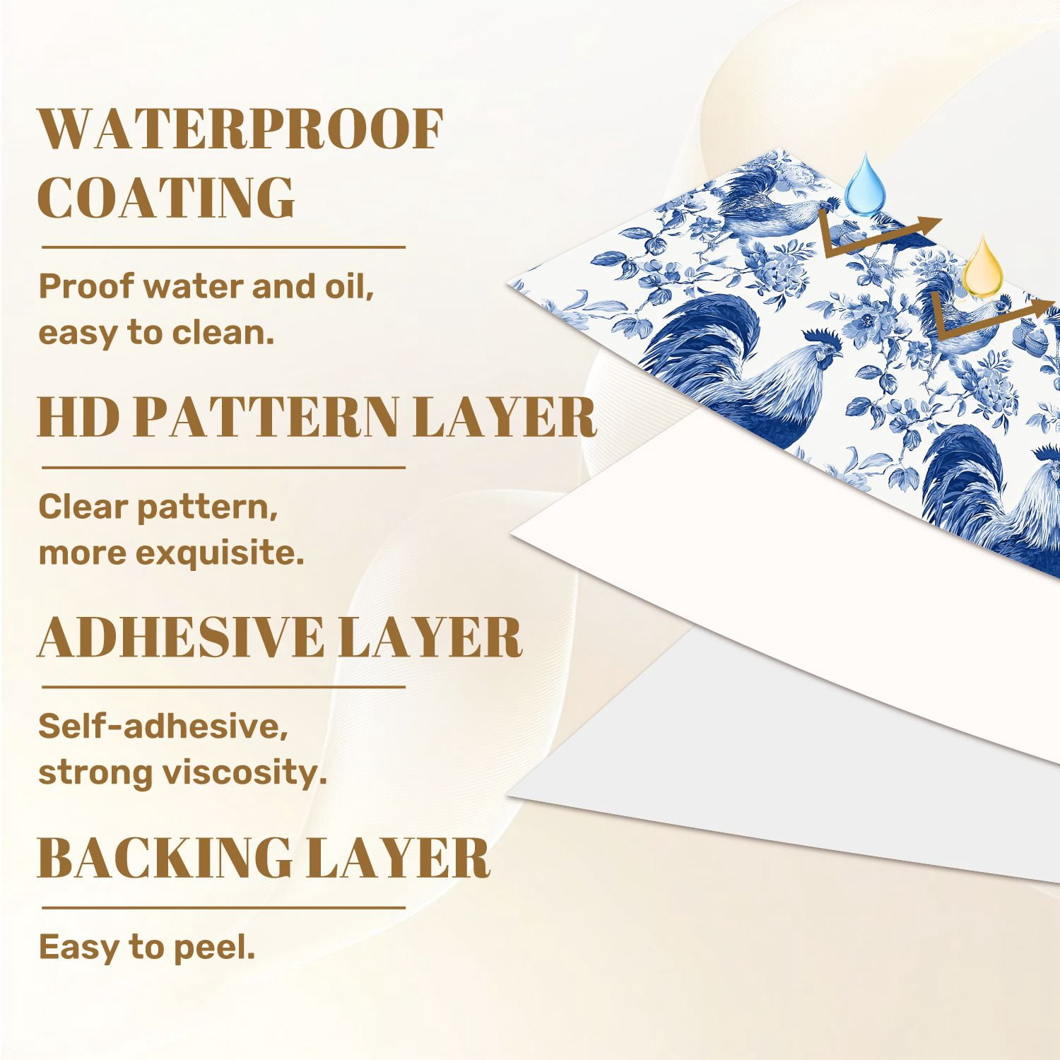 Chicken Peel and Stick Wallpaper Roosters Chickens Blue White Toile Floral Wall Mural 23.6in x 9.8ft Self Adhesive Removable Wall Paper Renter Friendly Wallpaper for Nursery Bedroom Cabinets
