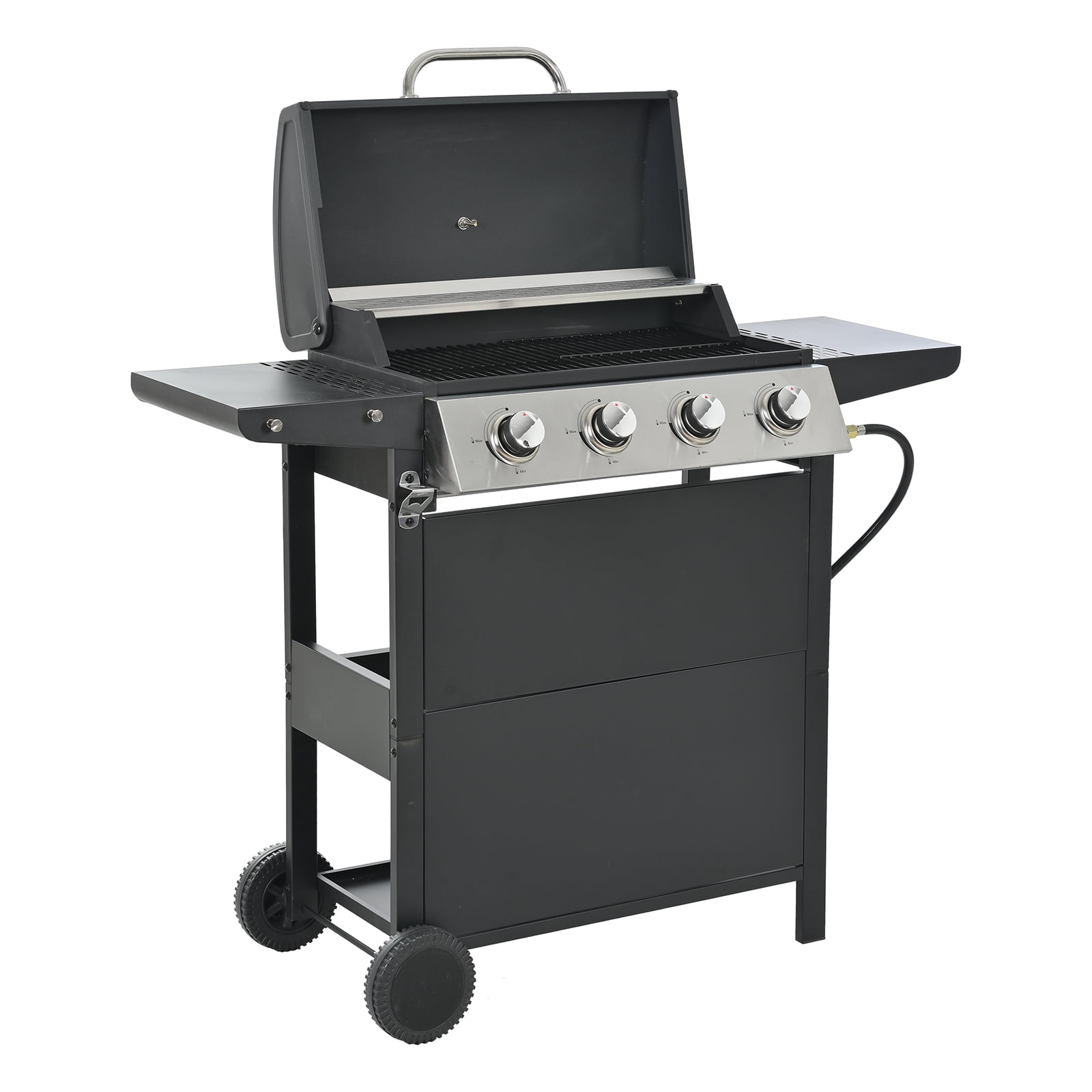 Gas Grill, 4-Burner Propane Gas Grill With 2 Foldable Shelves, Freestanding Grill Cart with Wheels, Side Burner, Lid, Outdoor BBQ Grill for Outdoor Garden Backyard Cooking Barbecue