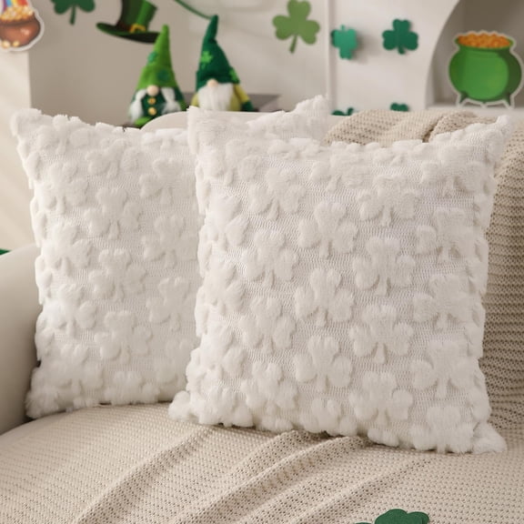 laqbezok St Patricks Day Pillow Covers Set of 2, 18" St Patricks Day Decorations White Shamrock Soft Plush Throw Pillows, for Holiday Festivals Home Decor