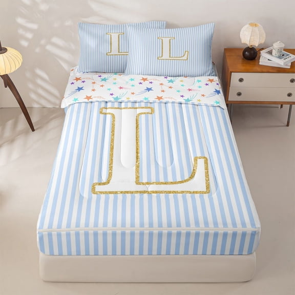 Homewish Cute Initial L Zipper Twin Comforter Sets with Fitted Sheet and 2 Pillowcases for Kid, Fashion Blue Stripe Zipper Bedding Set, Stars Reversible, 4pcs