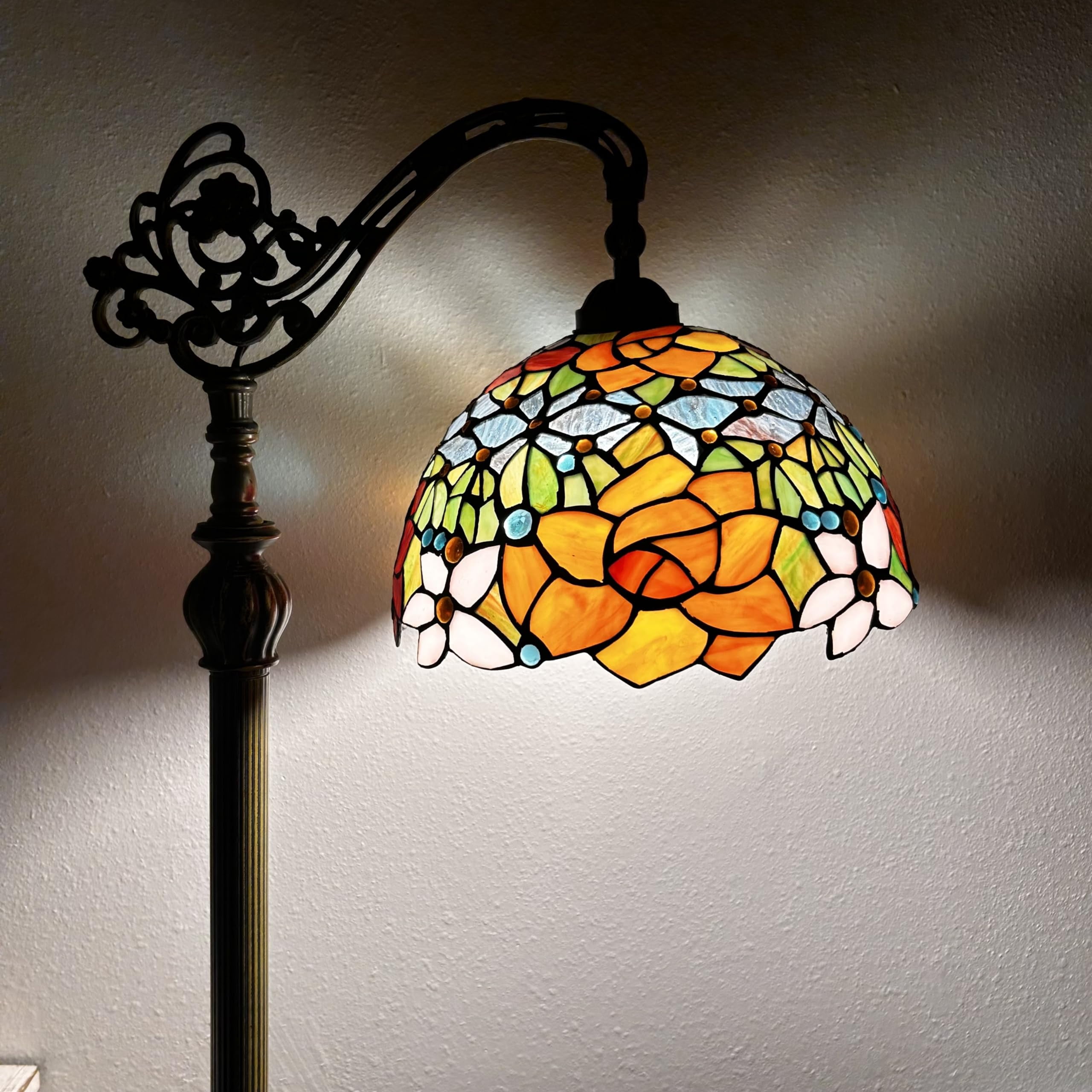 Tiffany Floor Lamp Rose Flowers Pink Orange Stained Glass Gooseneck Adjustable Corner Standing Reading Light 20"W*12"D*63"H