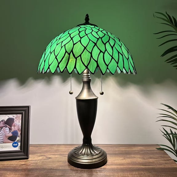 Tiffany Table Lamp Green Stained Glass Leaves LED Bulbs Included For Living Room Bedroom Bedside 14"W*14"D*21"H