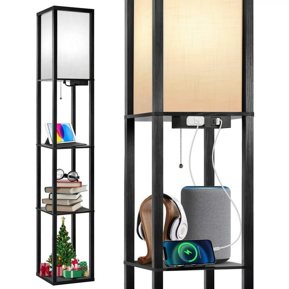 OUTON Floor Lamp with Shelves, Tall Standing Lamp, 3 Color Temperatures with USB Ports & Type C Prots, Linen Shade for Bedroom Living Room, Black