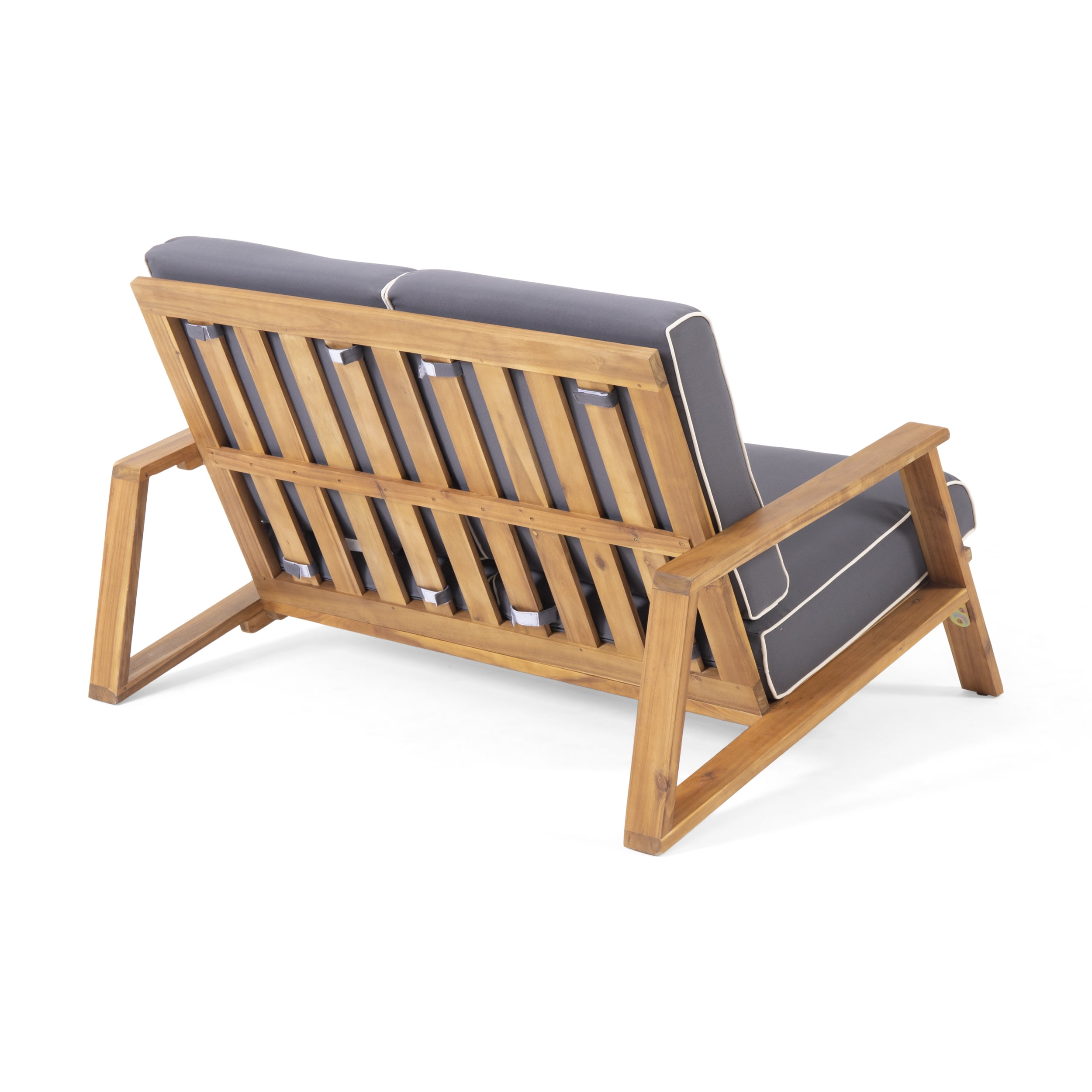 Reyna Outdoor Acacia Wood Loveseat Set with Coffee Table, Teak, Dark Gray
