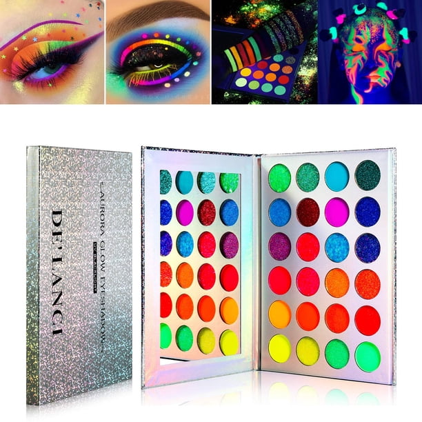 DE'LANCI Paleta de sombras de ojos de neón que brillan en la oscuridad, paletas de sombras de ojos Aurora Glow, kit de maquillaje para escenario, Halloween, Navidad, luz negra UV, sombras de ojos fluo