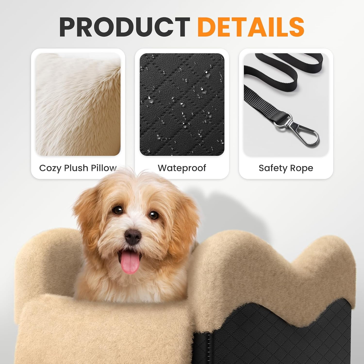 Portable Small Dog Seat for Car, Luxury Center Console Dog Car Seat Booster with Safety Tethers, Anti-Collapse Pet Travel Carseat for SUV, Truck (Black/Grey)
