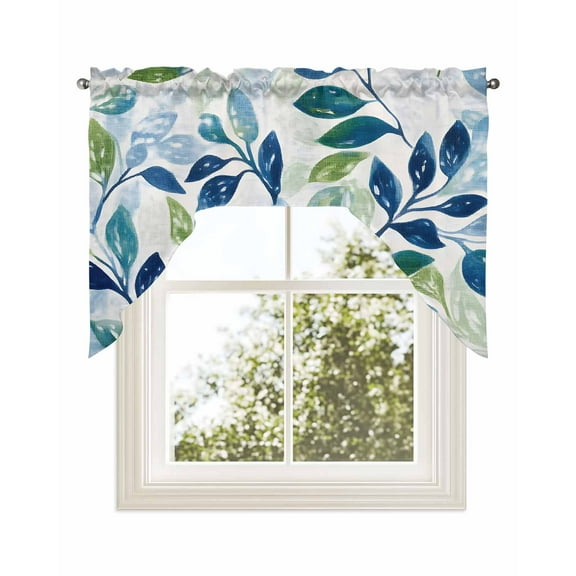 Navy Blue Leaves Kitchen Curtains Swag Valance for Windows/Bathroom/Cafe, Green Summer Botanical Rod Pocket Drape Panel Swag Curtains Valance for Bedroom/Living Room 56"x36"
