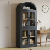 NEILA Arched Bookshelf with Doors - Glass Doors - 15.83 inches deep by 71.4 inches tall rustic ambiance premium wood display cabinet for living room, kitchen and office,Glass Door_Black - Walmart.com
