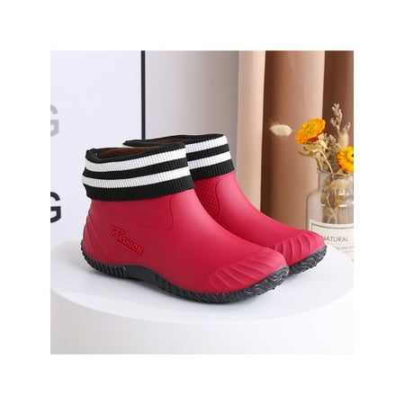 

Wazshop Womens Rain Boots Flat Work Shoes Ankle Bootie Garden Shoe Stylish Slip On Women s Round Top Lightweight Red-1 6