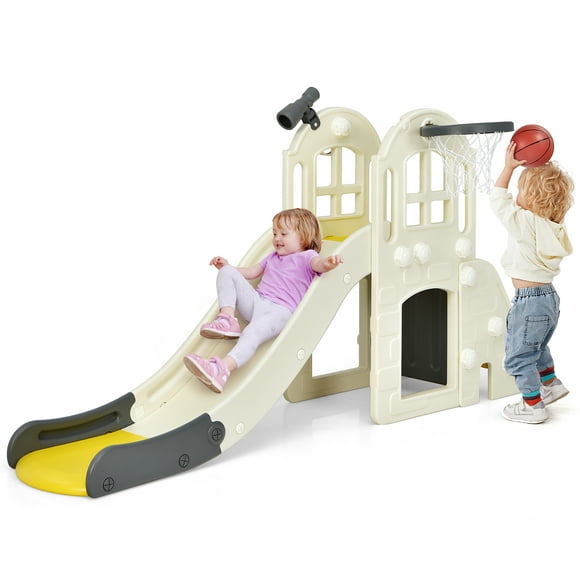 Costway 6-In-1 Large Slide for Kids Toddler Climber Slide Playset w/ Basketball Hoop
