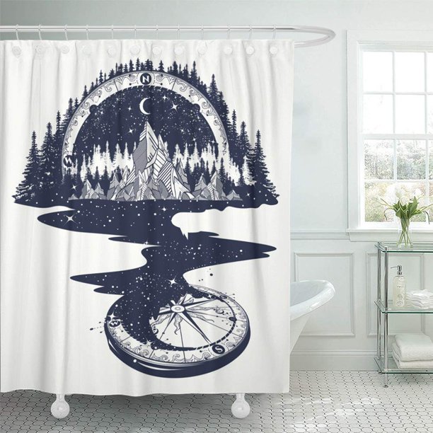 ABPHQTO Río de estrellas fluye desde las montañas y tatuaje de brújula Espacio infinito Meditación Juego de cortinas de ducha de baño impermeables 165x180 cm ABPHQTO PKNMT66x72Shower-10336