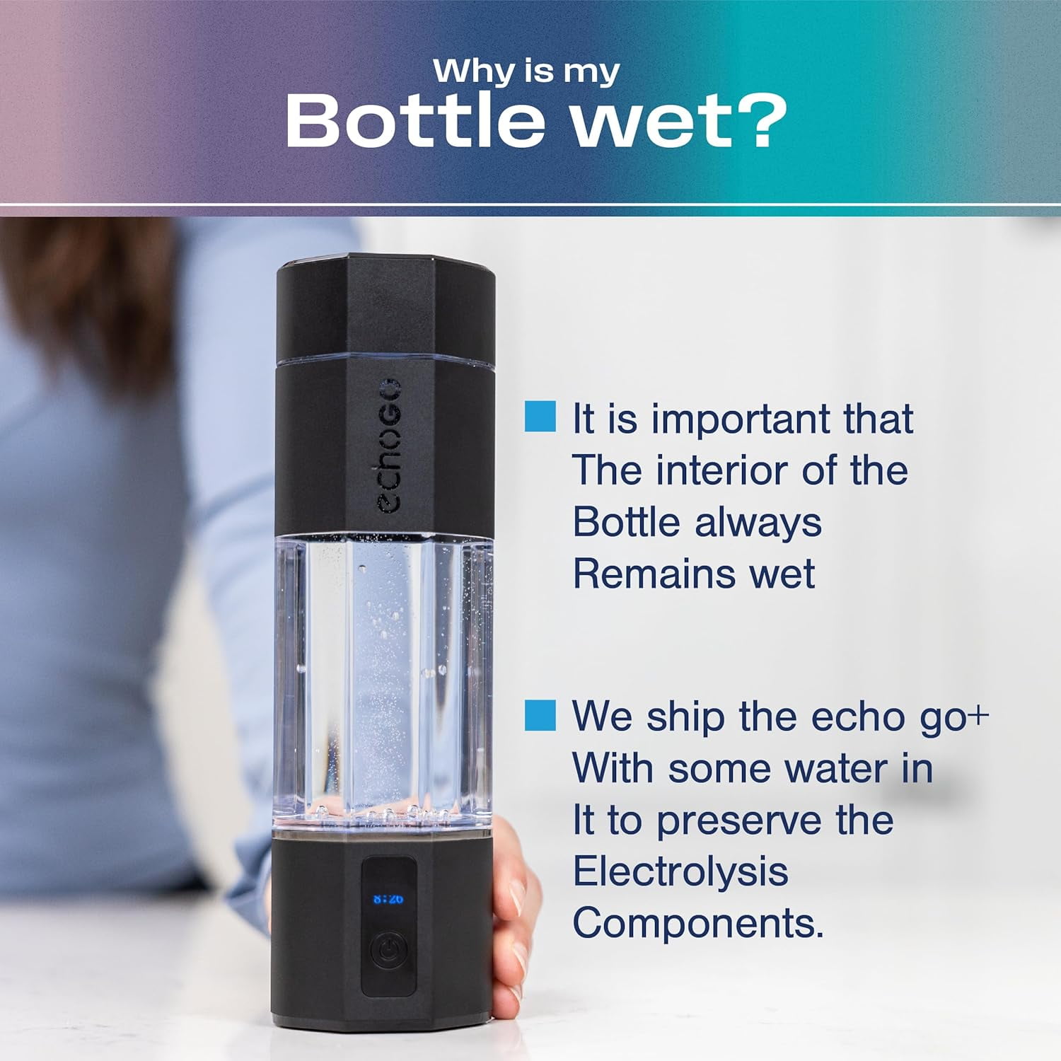 Echo Go+ Hydrogen Water Bottle - Water Ionizer Up to 4.5PPM - SPE & PEM Hydrogen Water Generator - Alternative to Hydrogen Water Pitcher - Black Hydrogenated Water Bottle